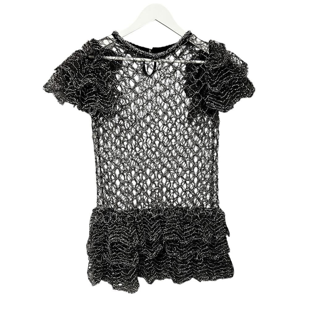 Chanel Black White Beaded Fishnet Ruffled Short Sleeve Dress Womens 38 / US 6?